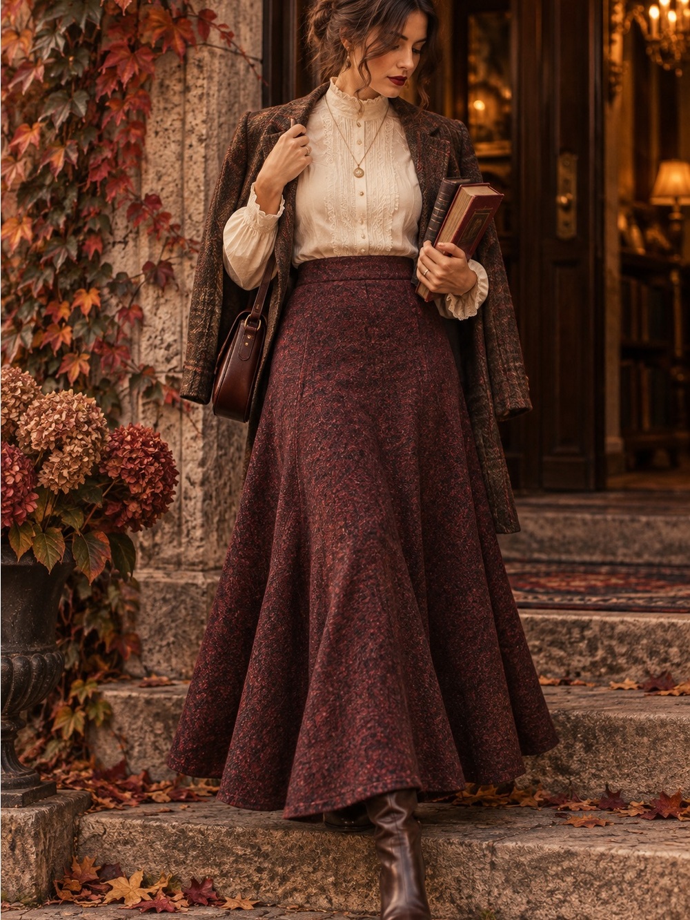 VINTAGE Wool Cashmere Maxi Skirt L Burgundy Wine Long A Line Fall Chadwick's